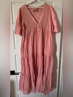 Loup Charmant Blush Pink Tiered V-Neck Button-Front Maxi Dress